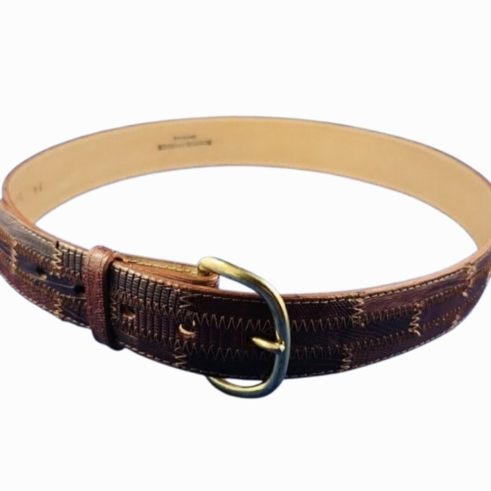 Western TONY LAMA 20548 Medium Brown Stitched Patchwork Exotic Leather Belt (34)